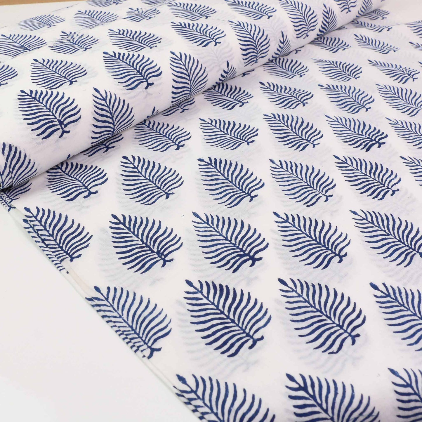 Cotton Voile - Hand block print - White, blue