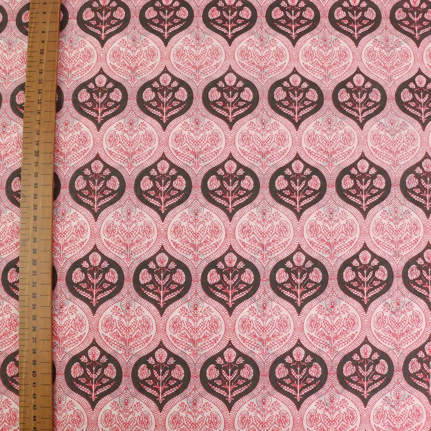 Cotton Voile - Hand block print - White, red