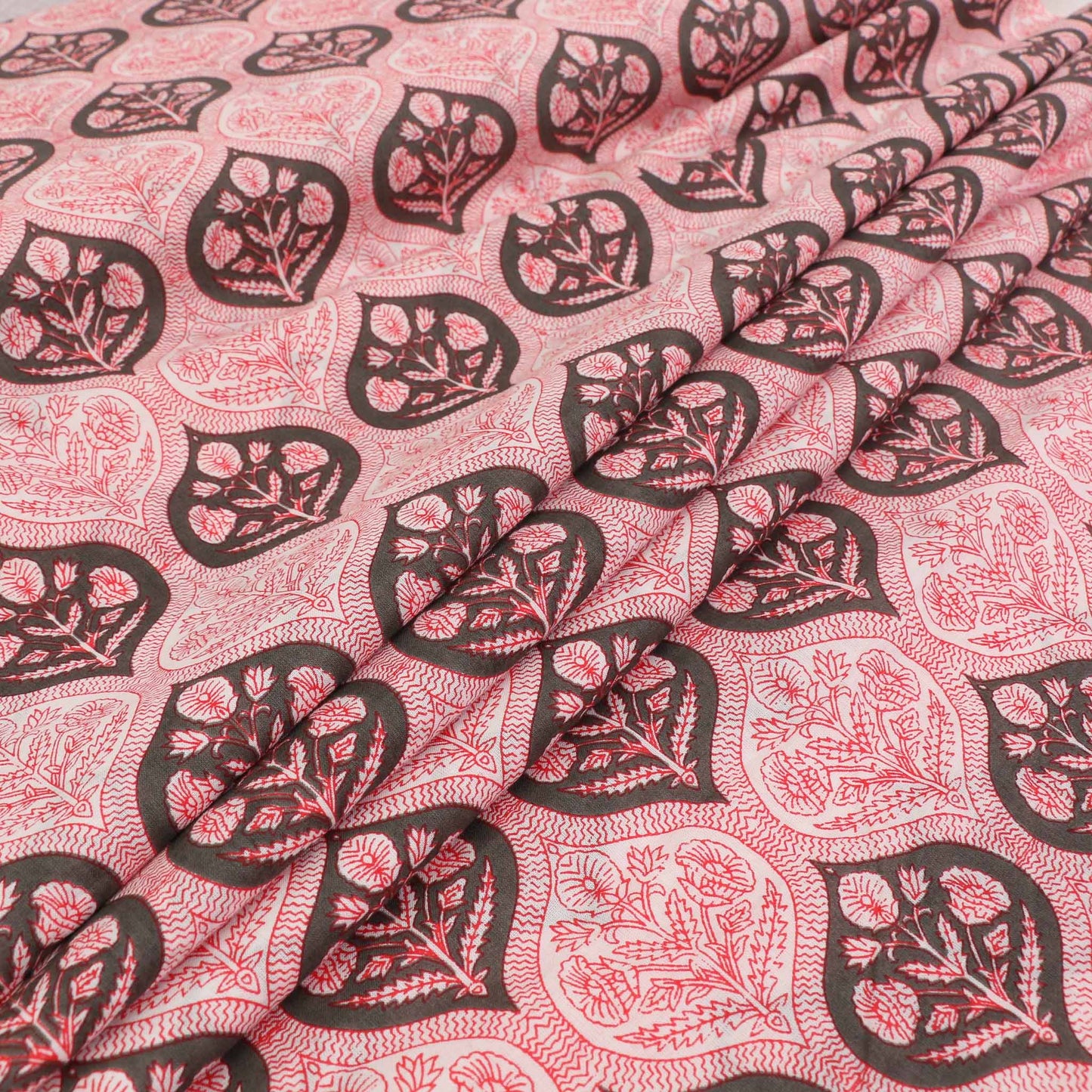 Cotton Voile - Hand block print - White, red