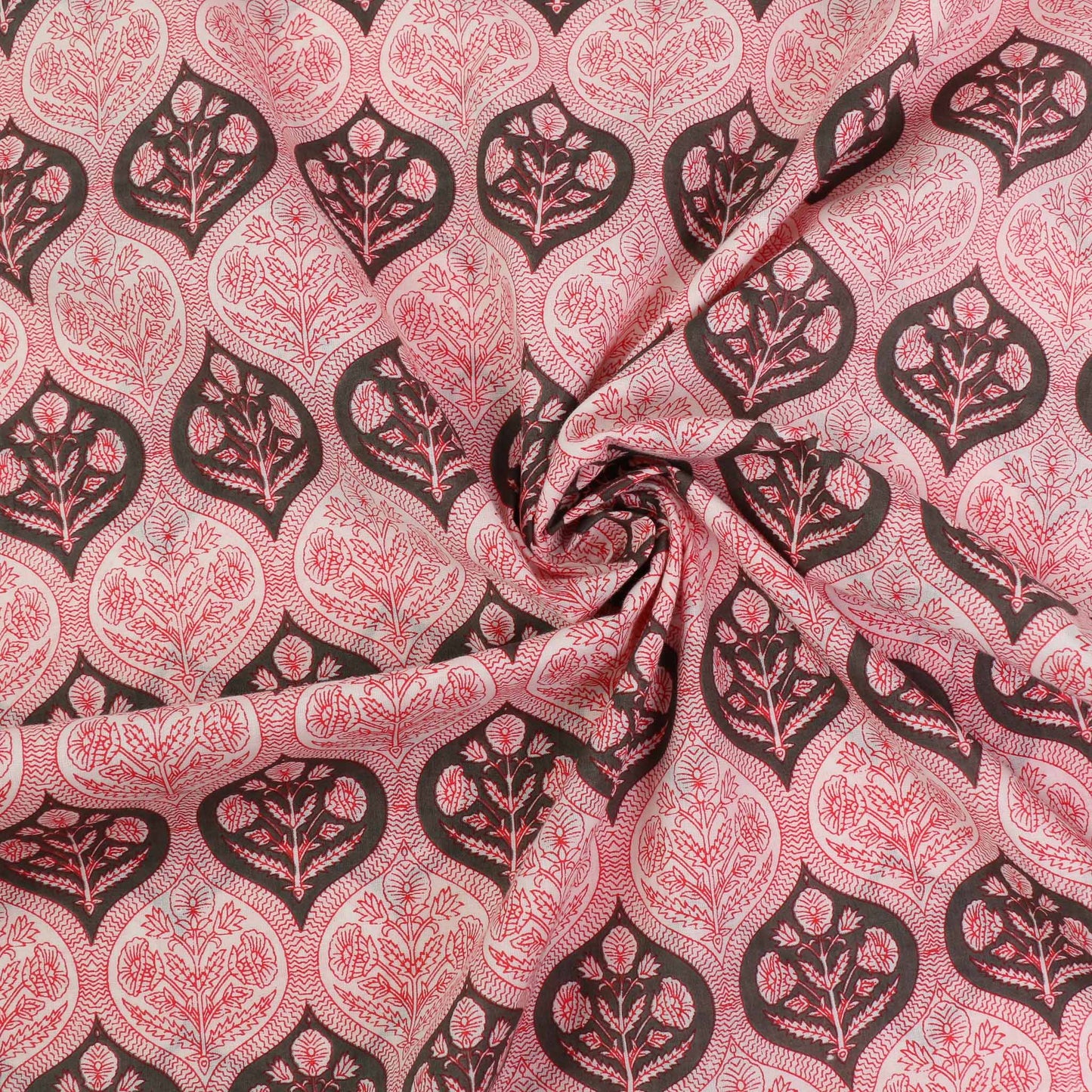 Cotton Voile - Hand block print - White, red