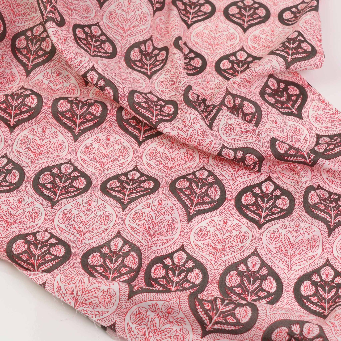 Cotton Voile - Hand block print - White, red