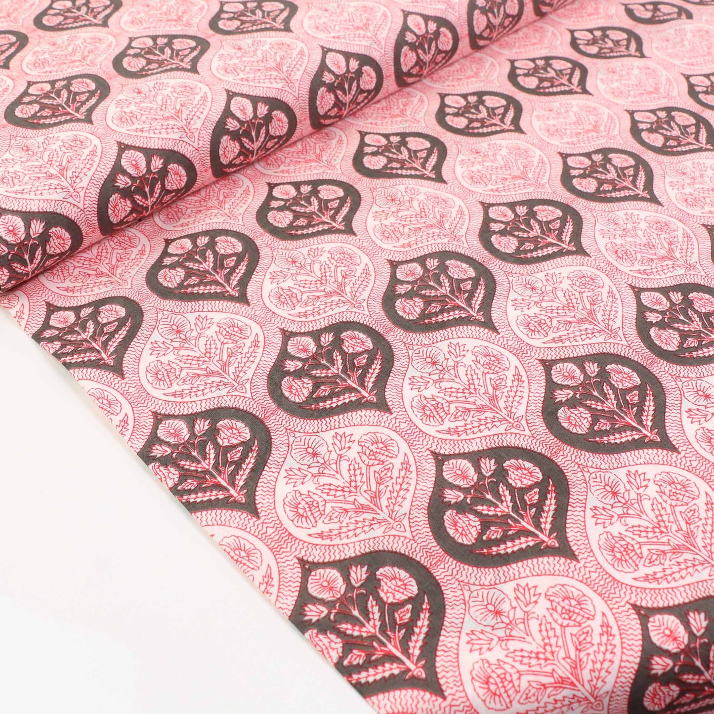 Cotton Voile - Hand block print - White, red
