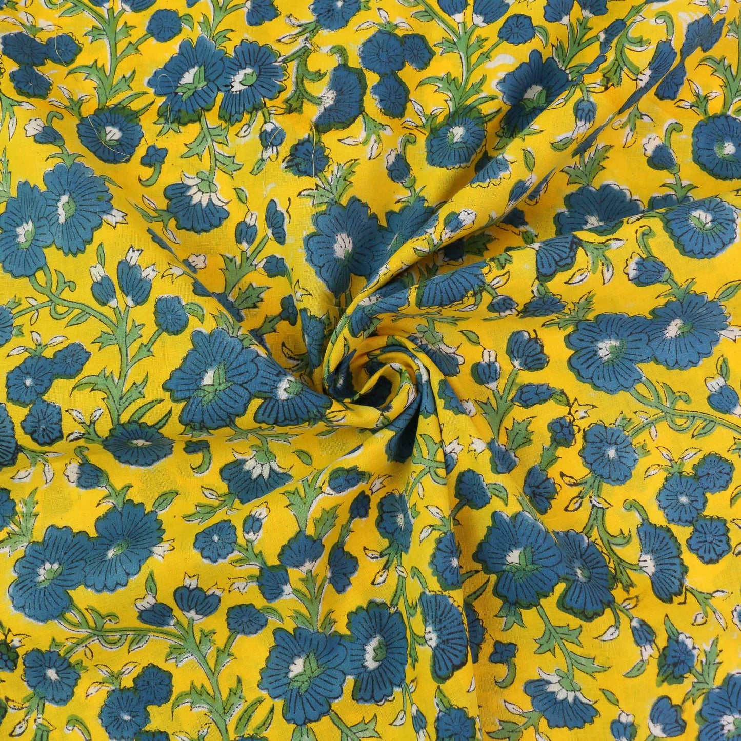 Cotton Voile - Hand block print - Yellow, blue