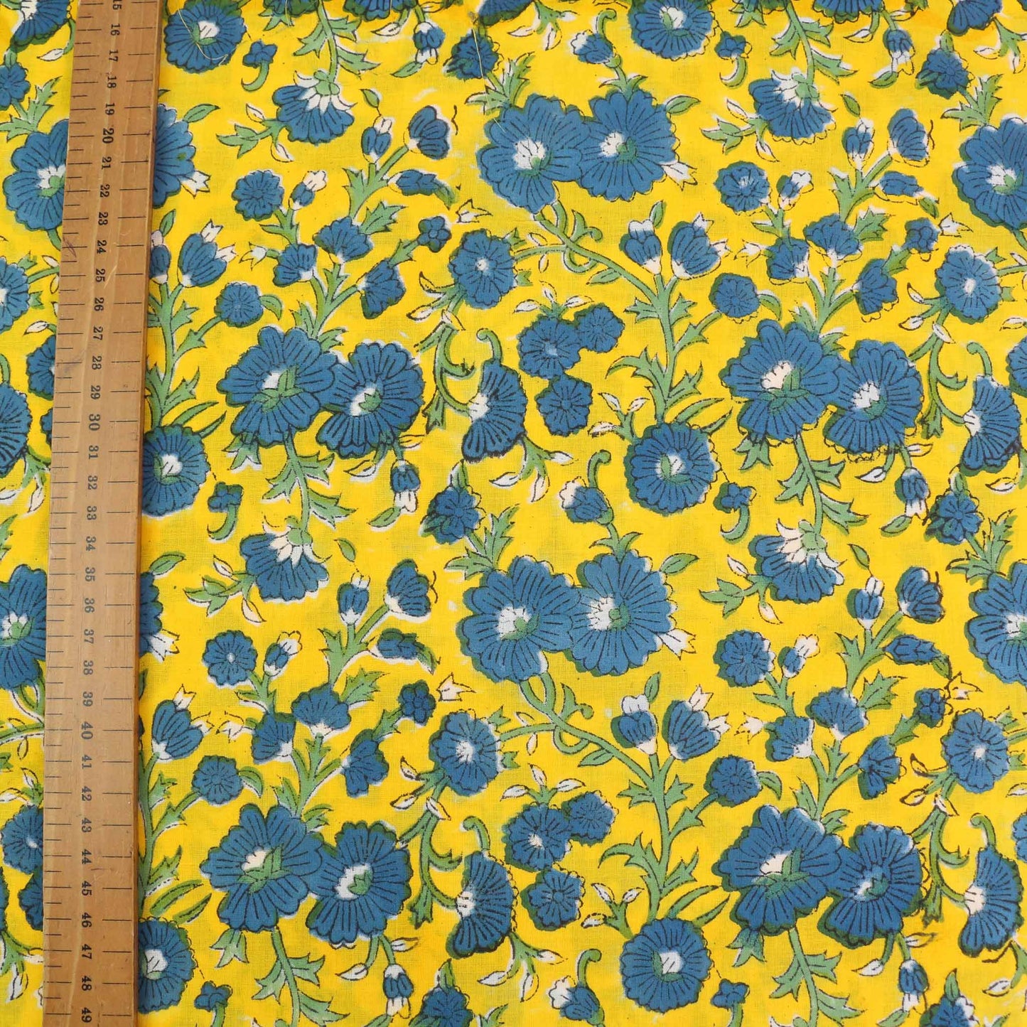 Cotton Voile - Hand block print - Yellow, blue