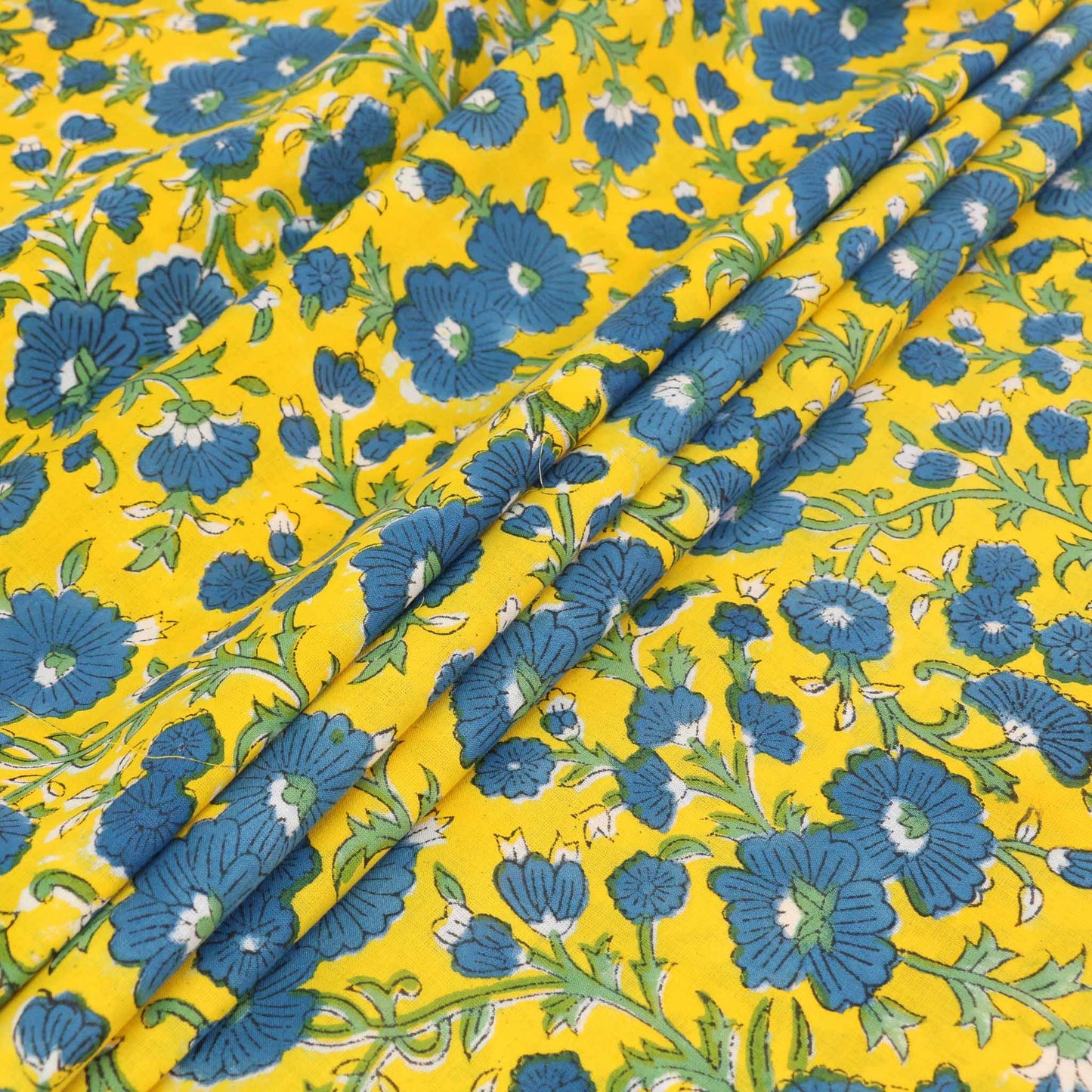 Cotton Voile - Hand block print - Yellow, blue
