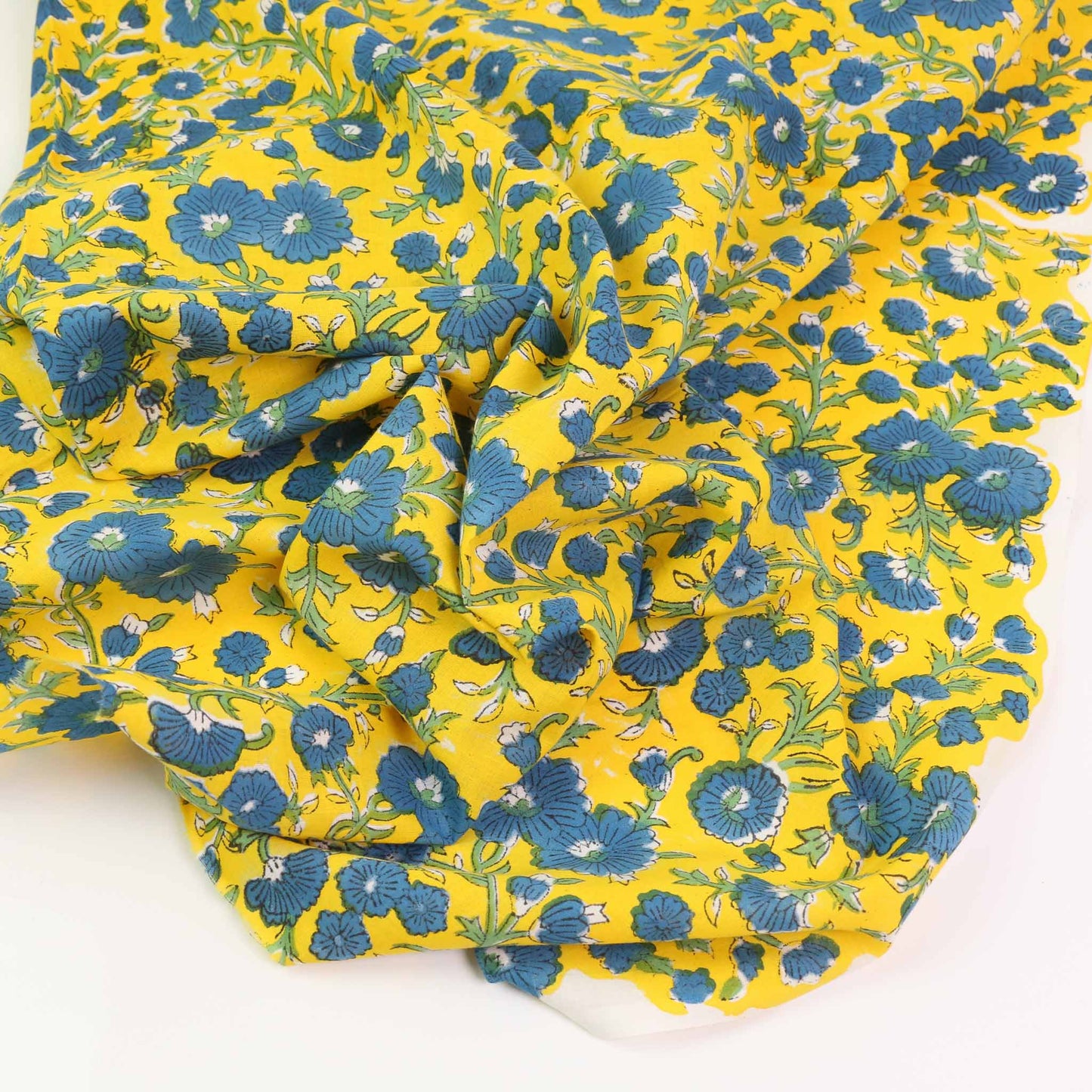 Cotton Voile - Hand block print - Yellow, blue