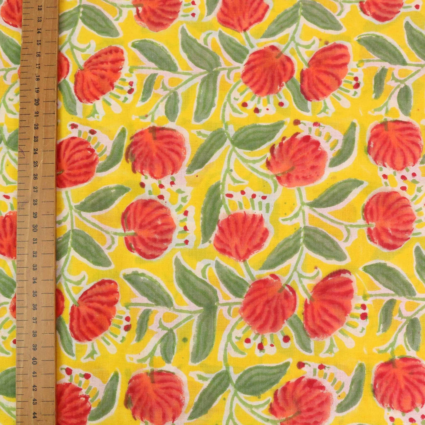 Cotton Voile - Hand block print - Yellow, red
