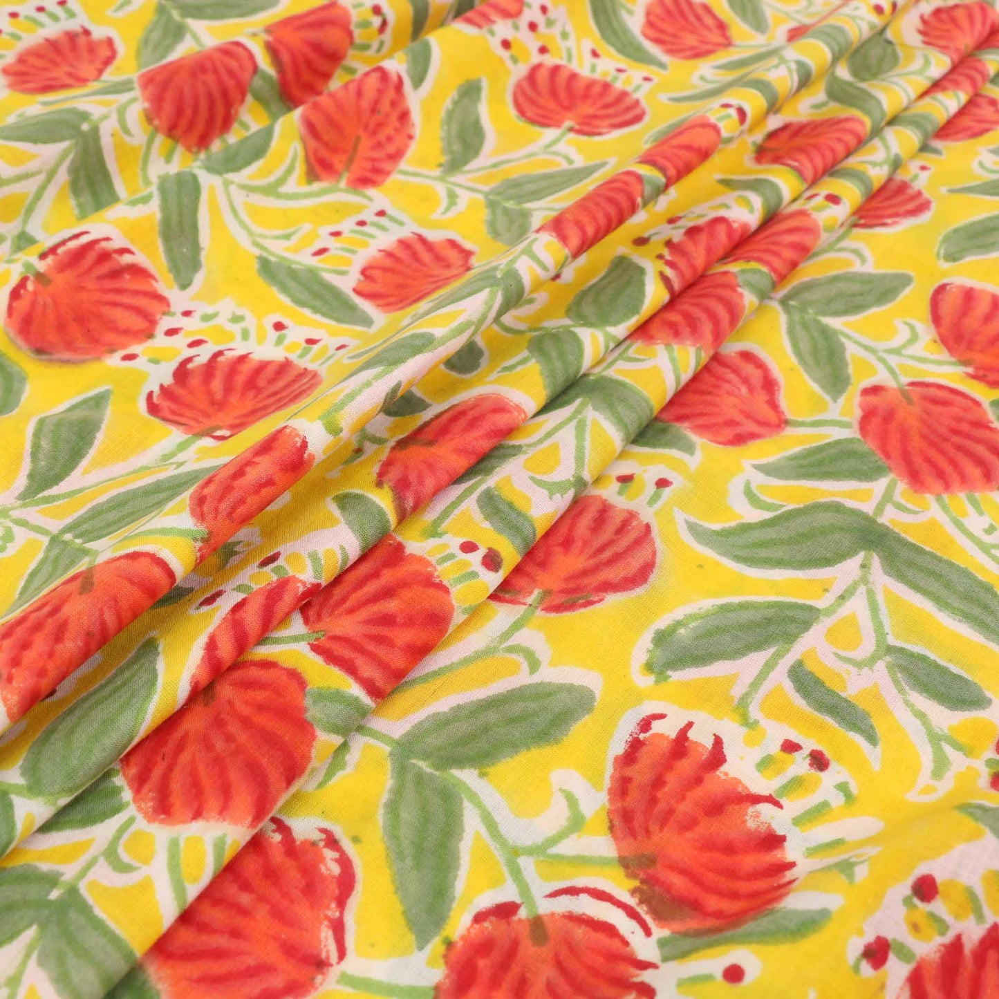 Cotton Voile - Hand block print - Yellow, red