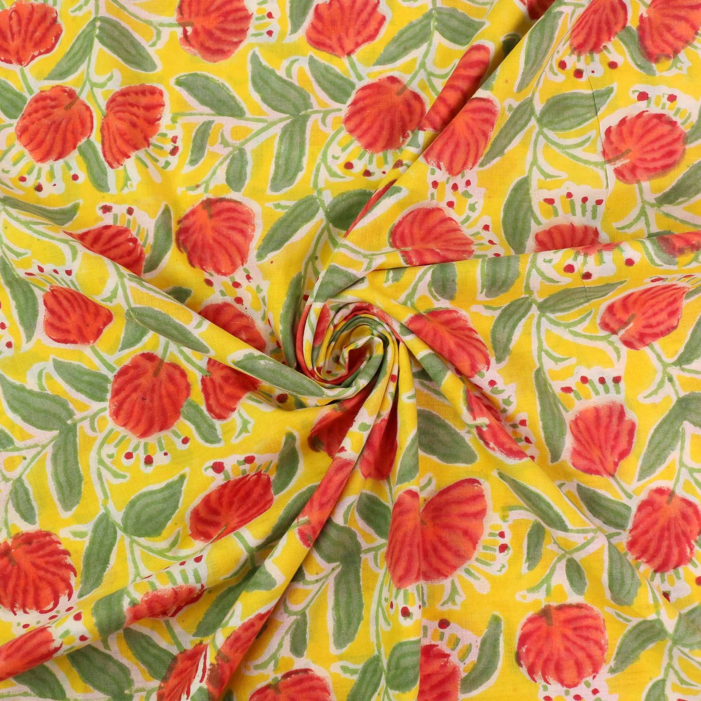 Cotton Voile - Hand block print - Yellow, red