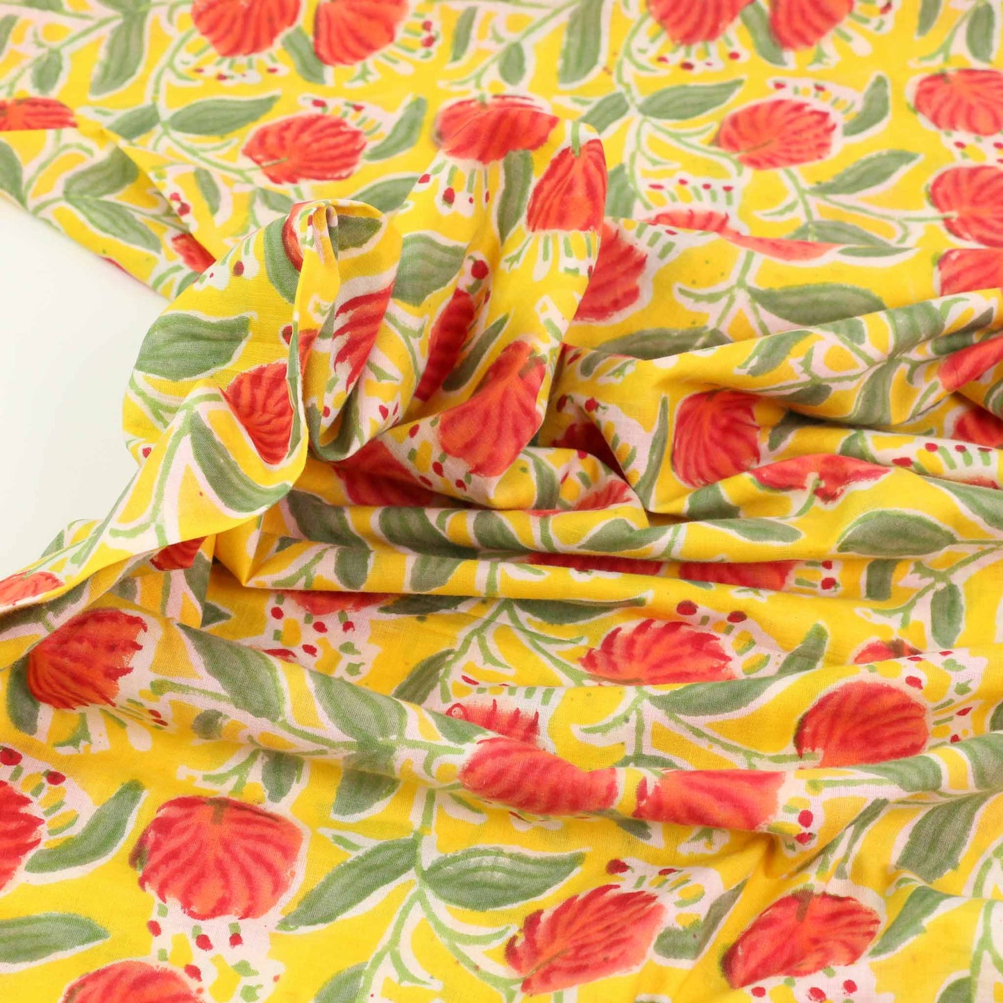 Cotton Voile - Hand block print - Yellow, red