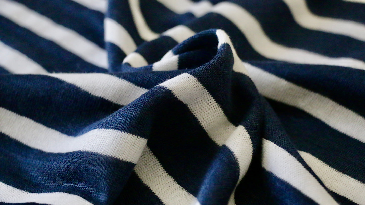 LINEN JERSEY FABRIC - Stripe design - Navy blue and off white