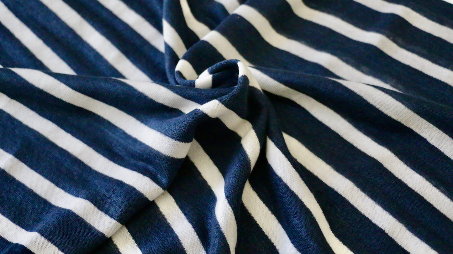 LINEN JERSEY FABRIC - Stripe design - Navy blue and off white