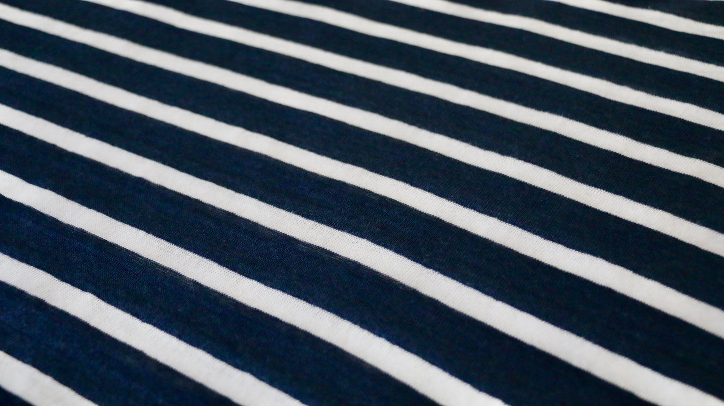LINEN JERSEY FABRIC - Stripe design - Navy blue and off white