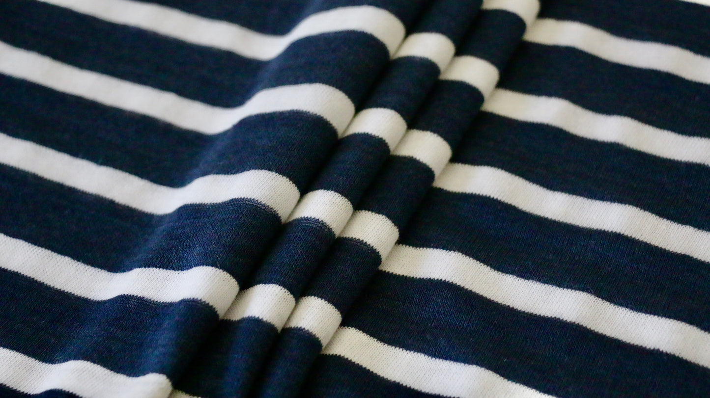 LINEN JERSEY FABRIC - Stripe design - Navy blue and off white