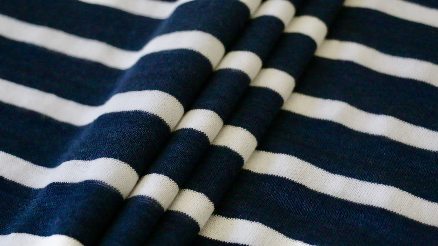 LINEN JERSEY FABRIC - Stripe design - Navy blue and off white