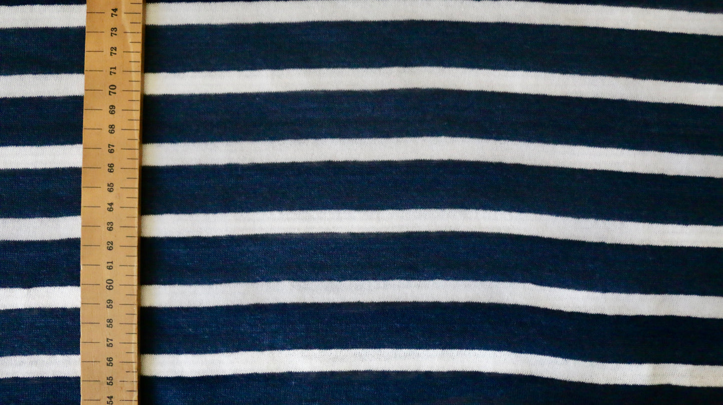 LINEN JERSEY FABRIC - Stripe design - Navy blue and off white