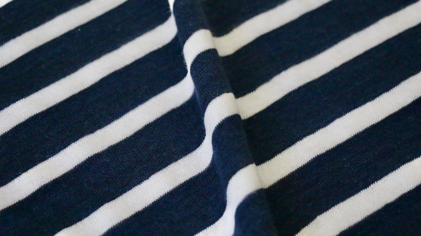 LINEN JERSEY FABRIC - Stripe design - Navy blue and off white