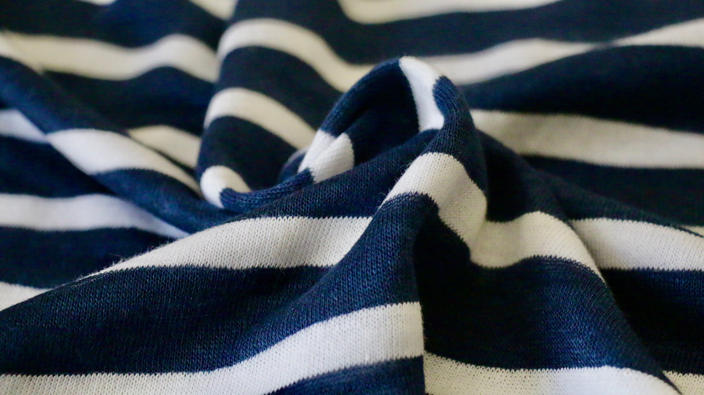LINEN JERSEY FABRIC - Stripe design - Navy blue and off white