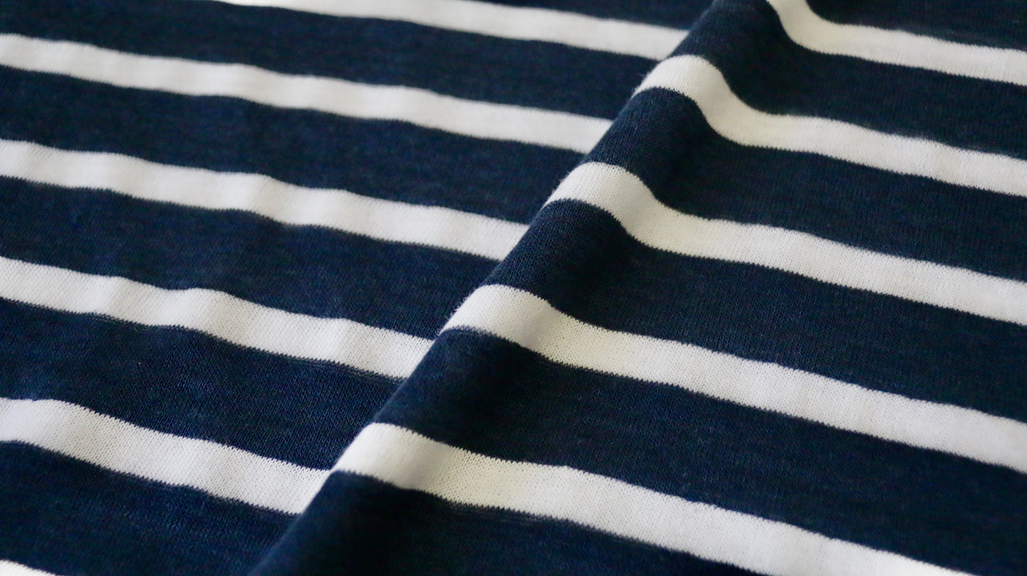 LINEN JERSEY FABRIC - Stripe design - Navy blue and off white
