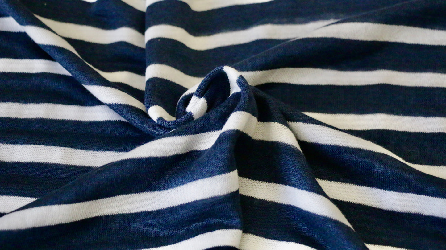 LINEN JERSEY FABRIC - Stripe design - Navy blue and off white