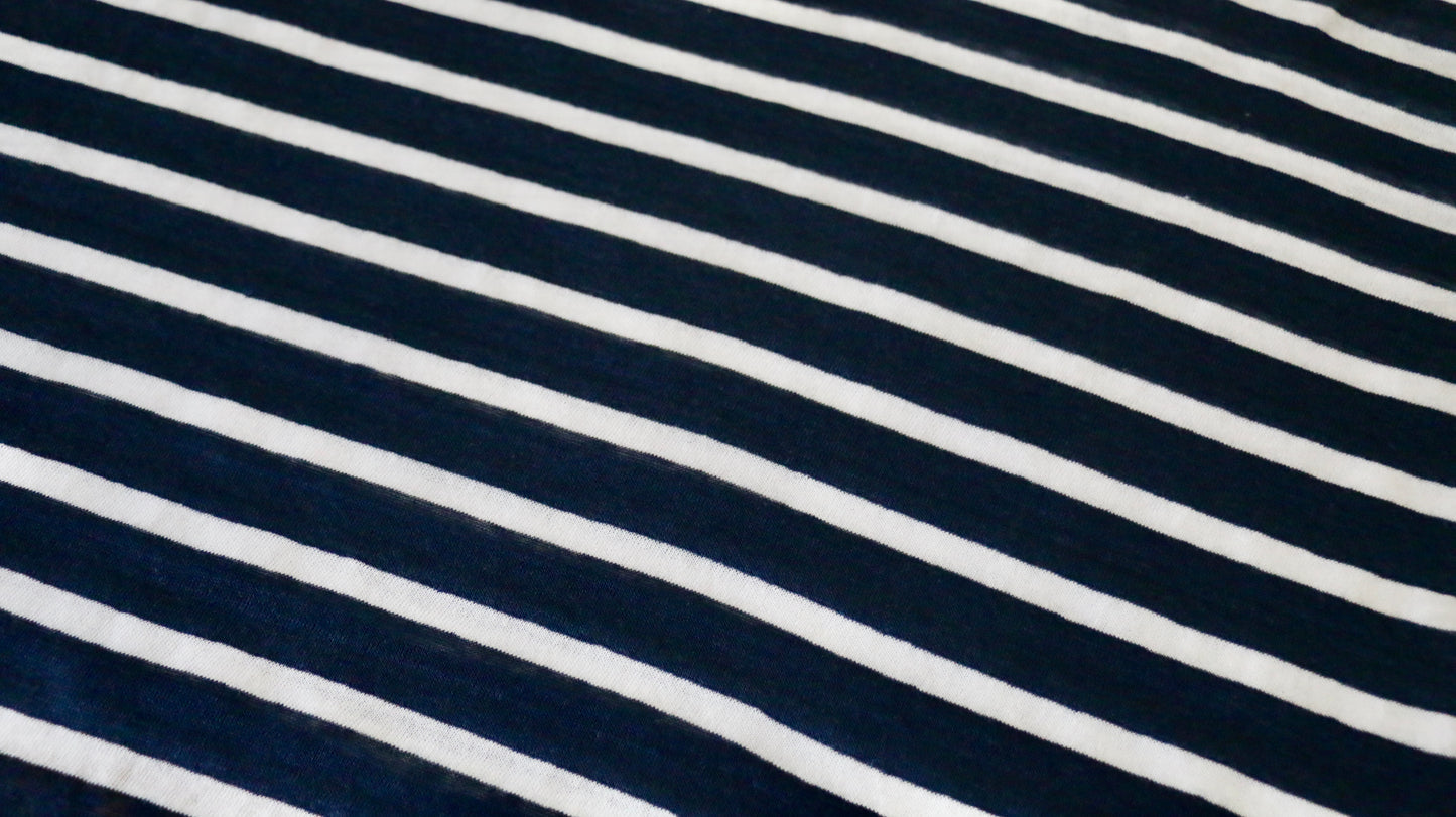 LINEN JERSEY FABRIC - Stripe design - Navy blue and off white