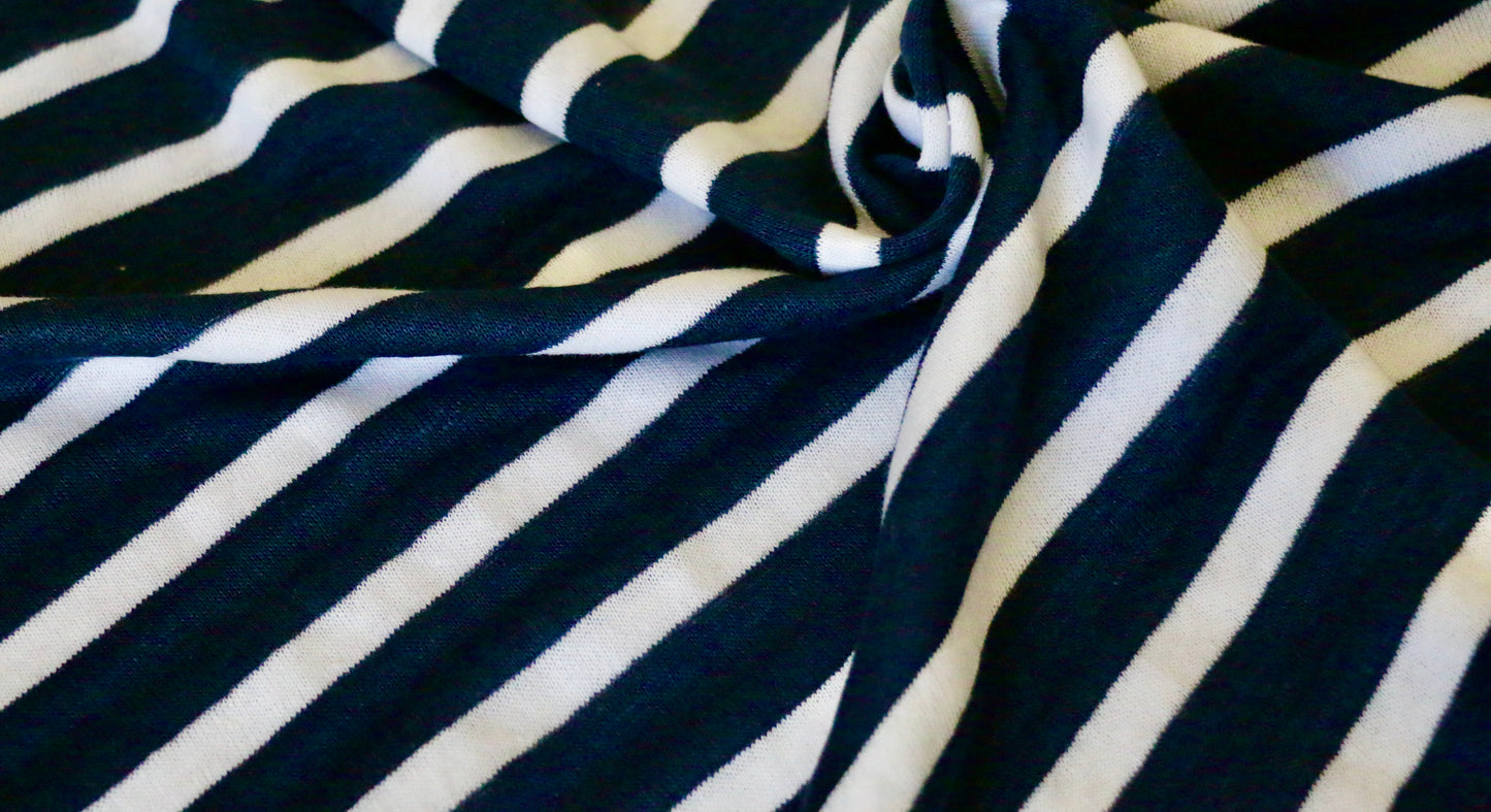 LINEN JERSEY FABRIC - Stripe design - Navy blue and off white