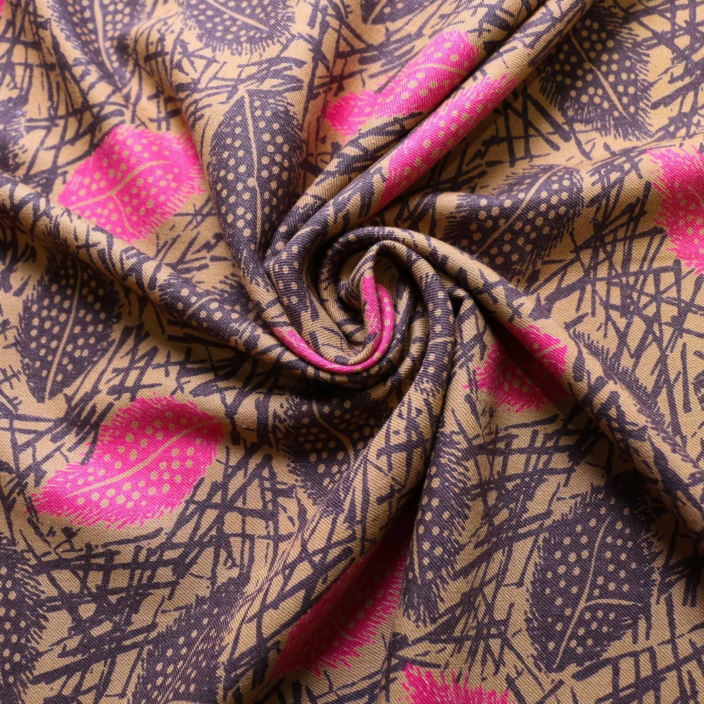 swirly beige sustainable vintage cotton poplin dressmaking fabric with pink brown printed leaves