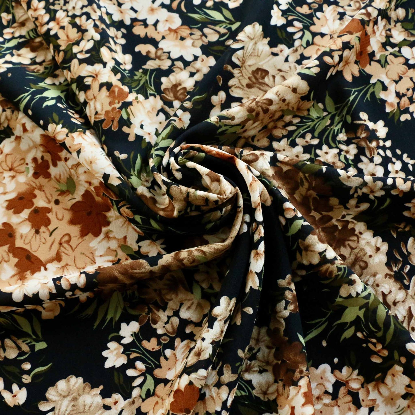 navy floral chiffon dressmaking fabric with brown and beige floral print