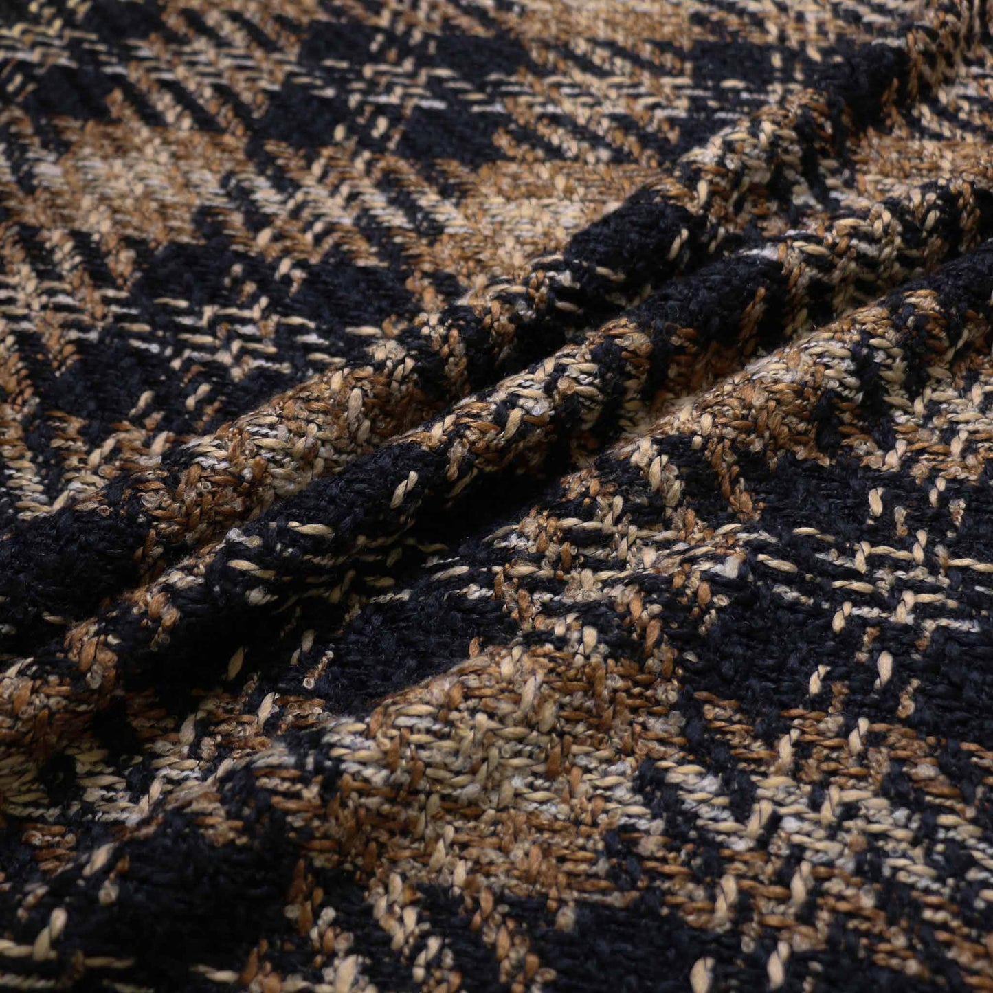 black boucle dressmaking fabric wool blend with check pattern
