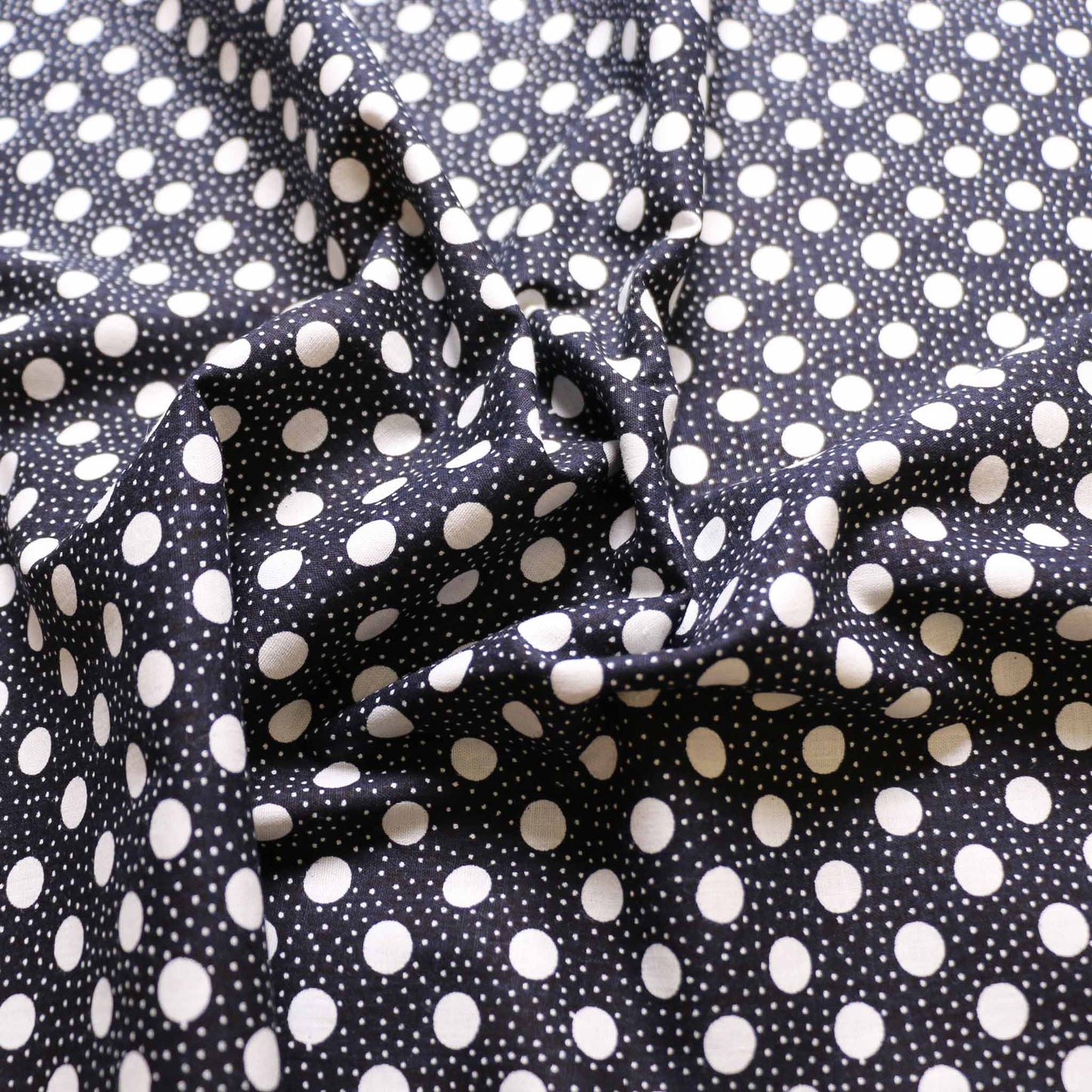 black sustainable vintage cotton dressmaking poplin fabric with white dot print from cloth control