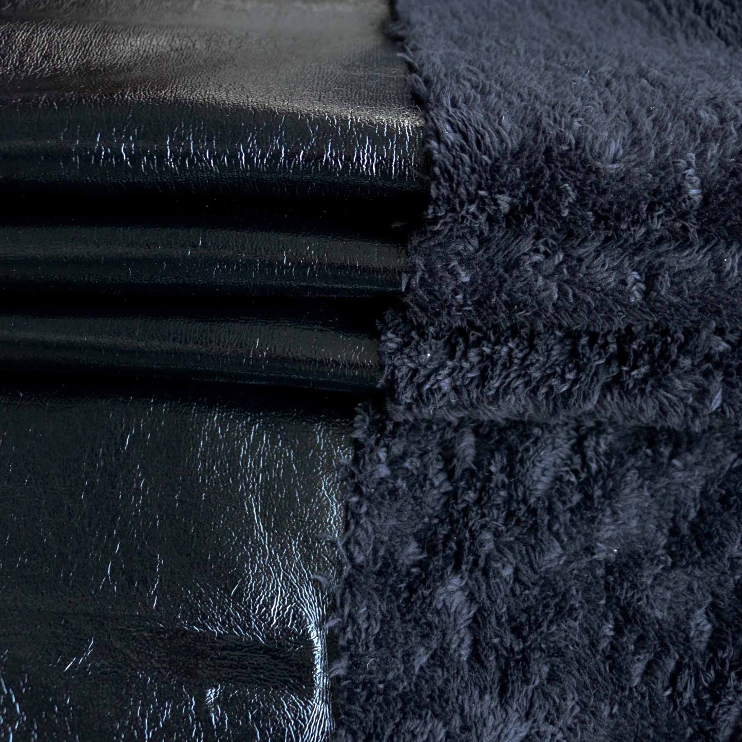 black pvc with black sherpa fleece backing bonded dressmaking fabric