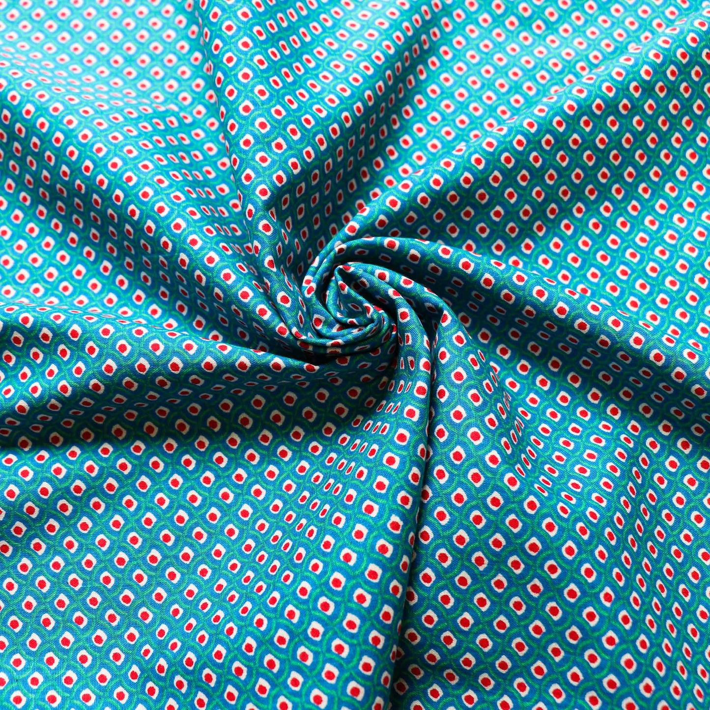 blue sustainable vintage cotton dressmaking poplin fabric with ditsy dot print
