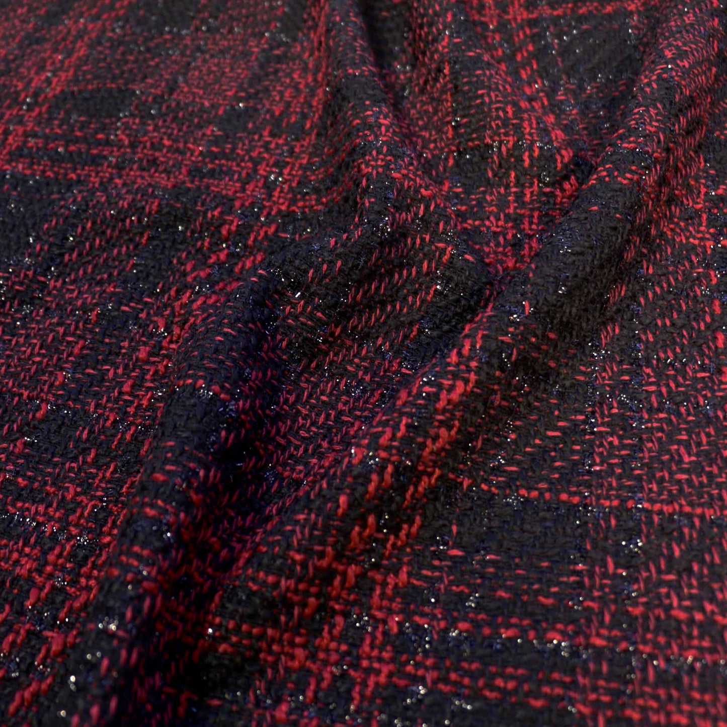 black and red check boucle dressmaking fabric with lurex