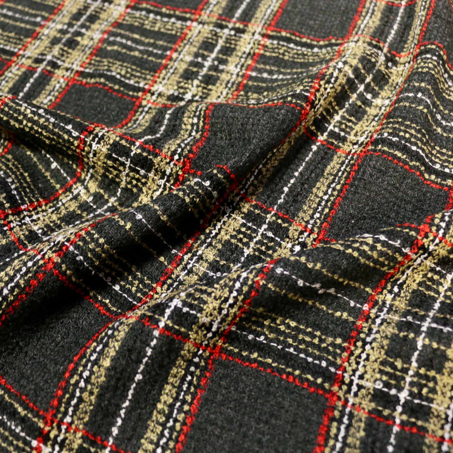 beige and grey check wool blend boucle dressmaking fabric