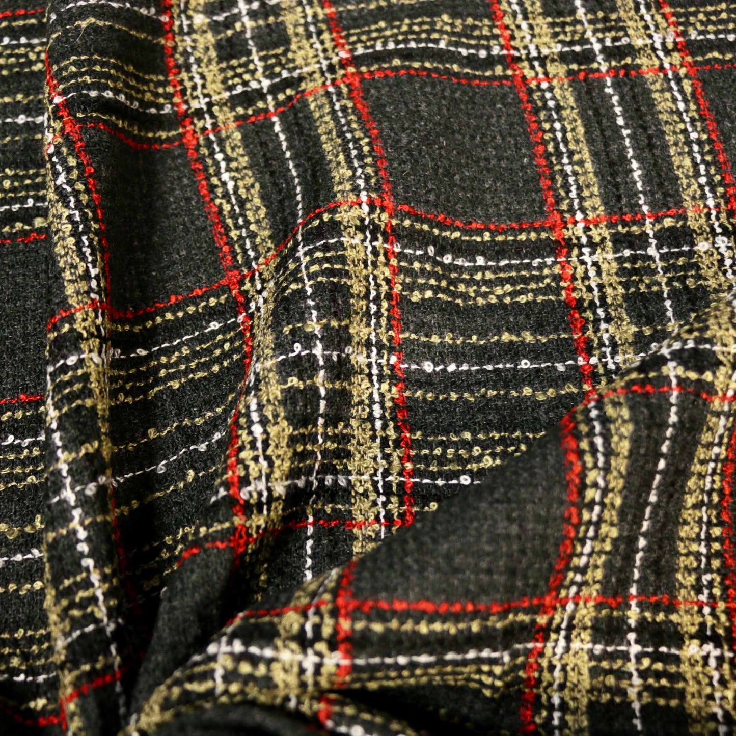 wool blend grey and beige boucle dressmaking fabric with check pattern