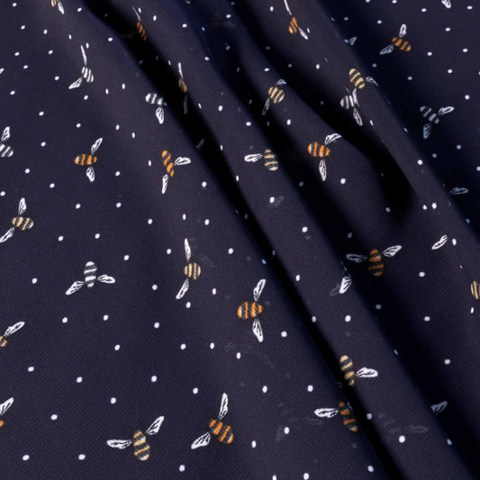 bumble bee print on navy blue chiffon polyester dressmaking fabric