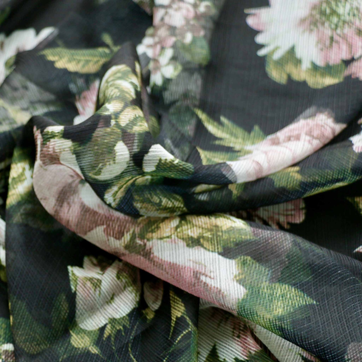 black crinkle chiffon polyester dressmaking fabric with pink flower print