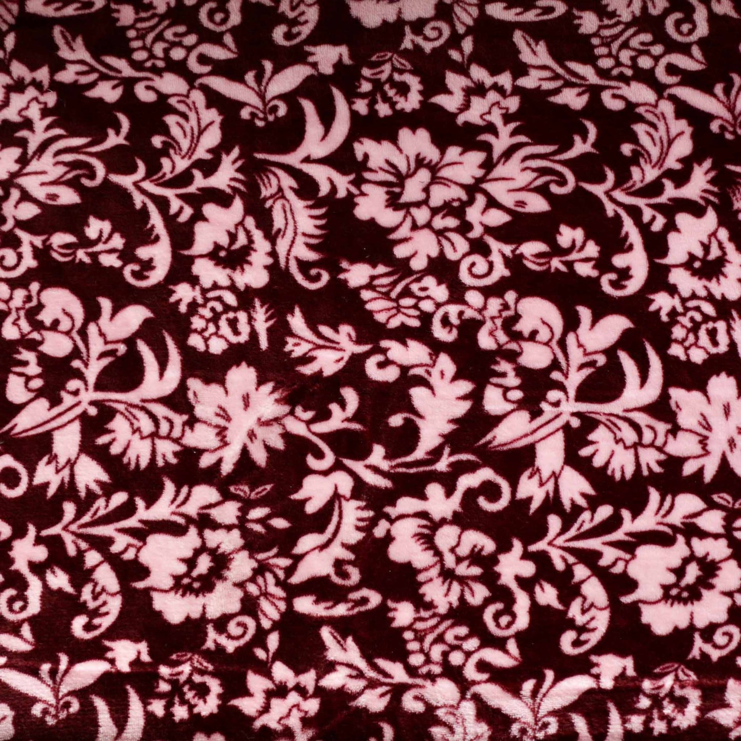 classical flowers printed on maroon fleece dressmaking fabric