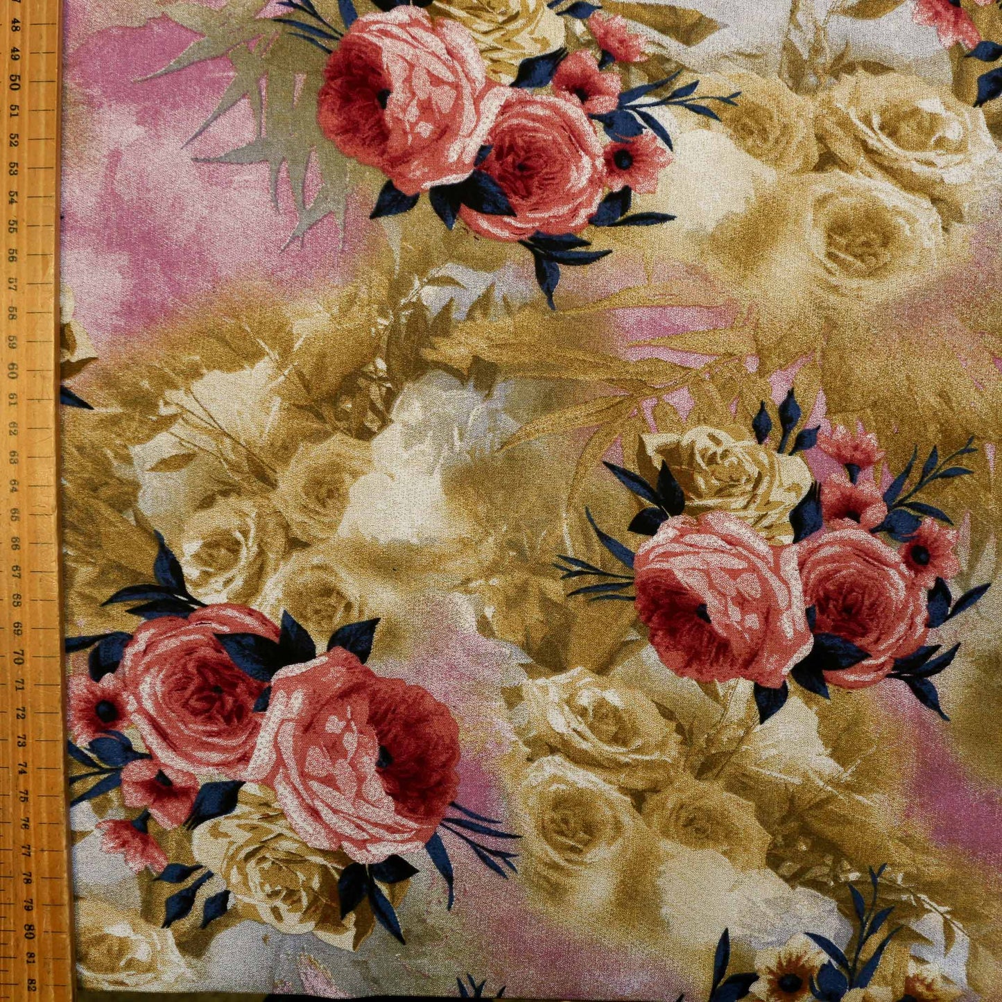 metre mustard coloured viscose challis dressmaking rayon fabric with large floral print in maroon and pink