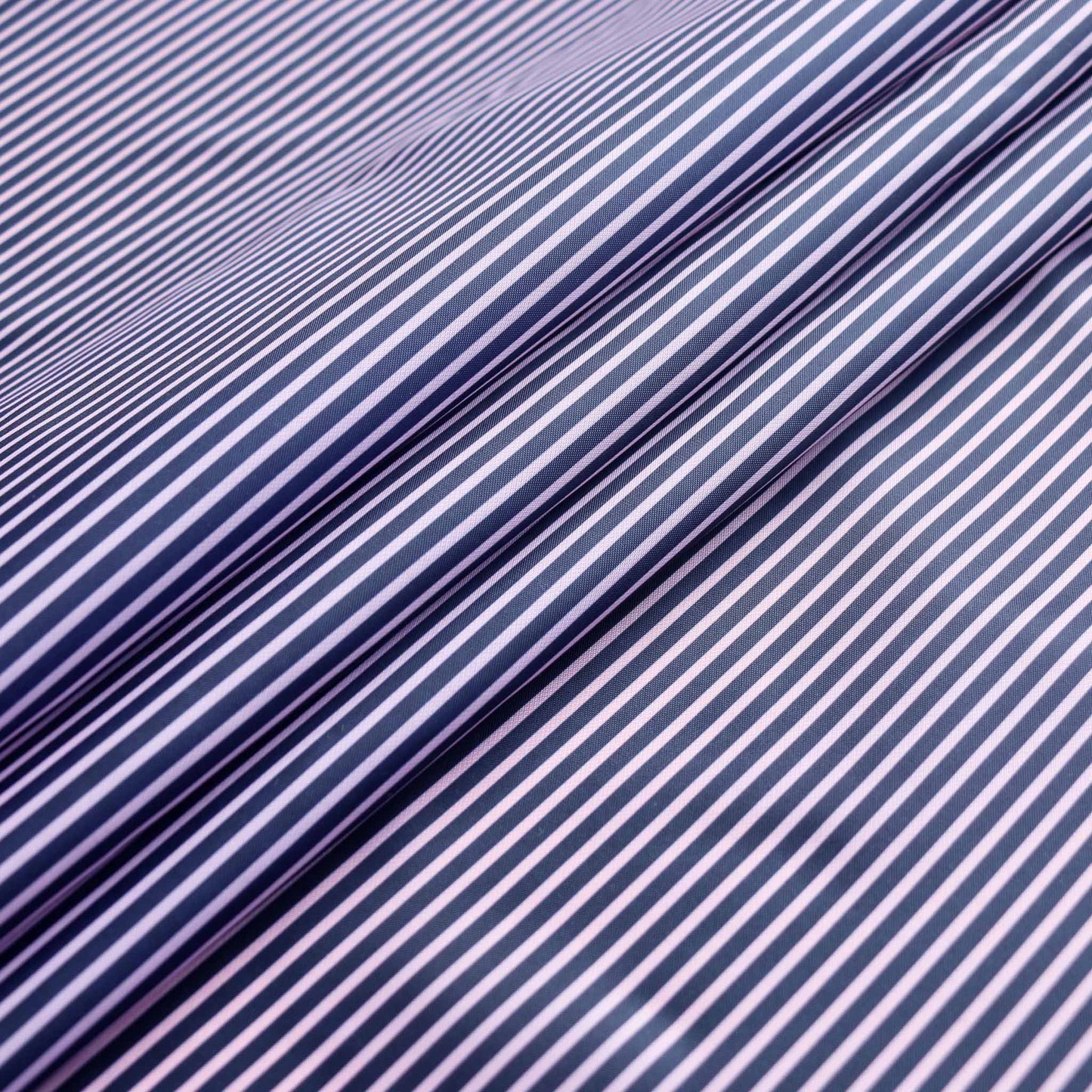 striped pink and navy blue polyester lining dressmaking fabric