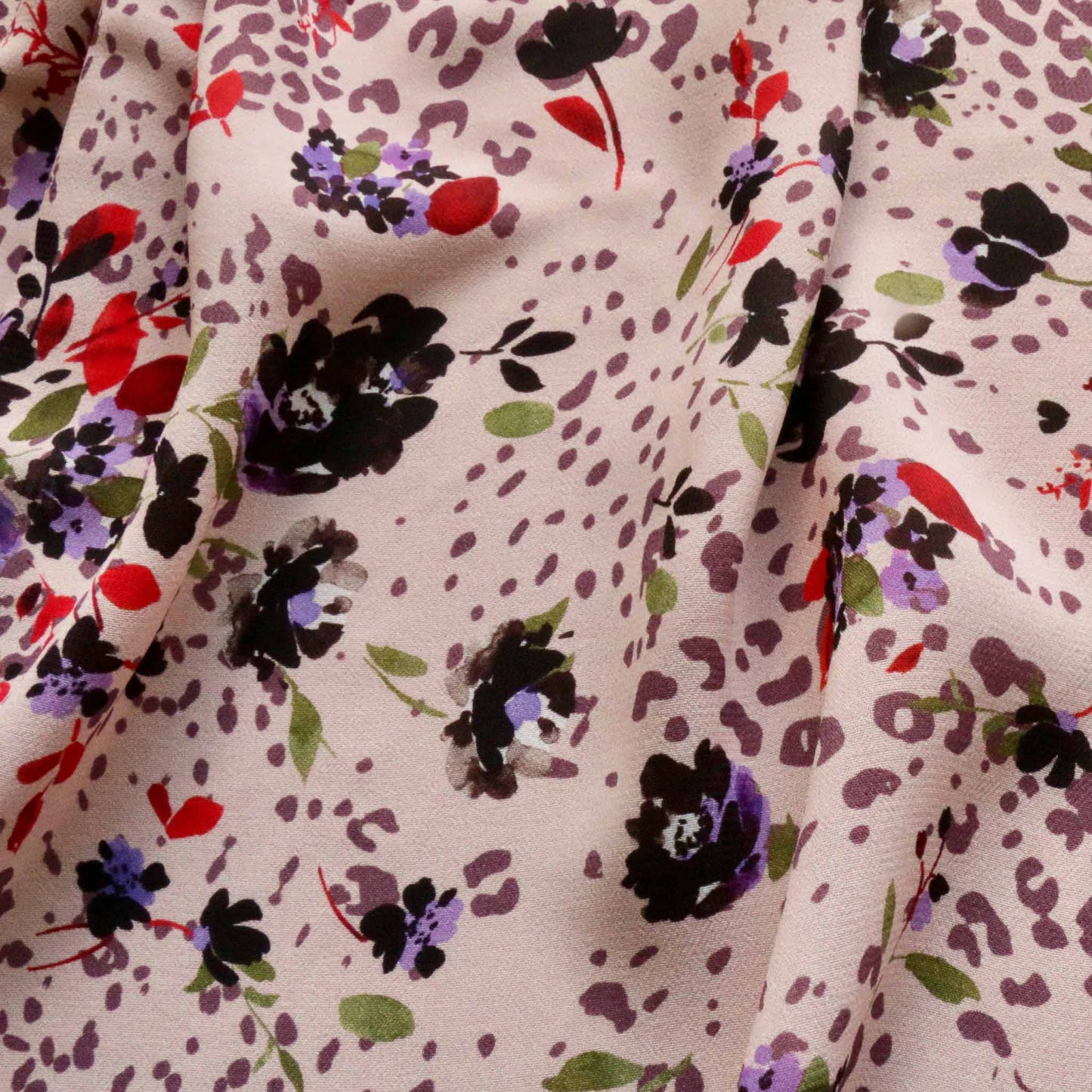 pink and brown chiffon viscose dressmaking fabric with flowers and animal print