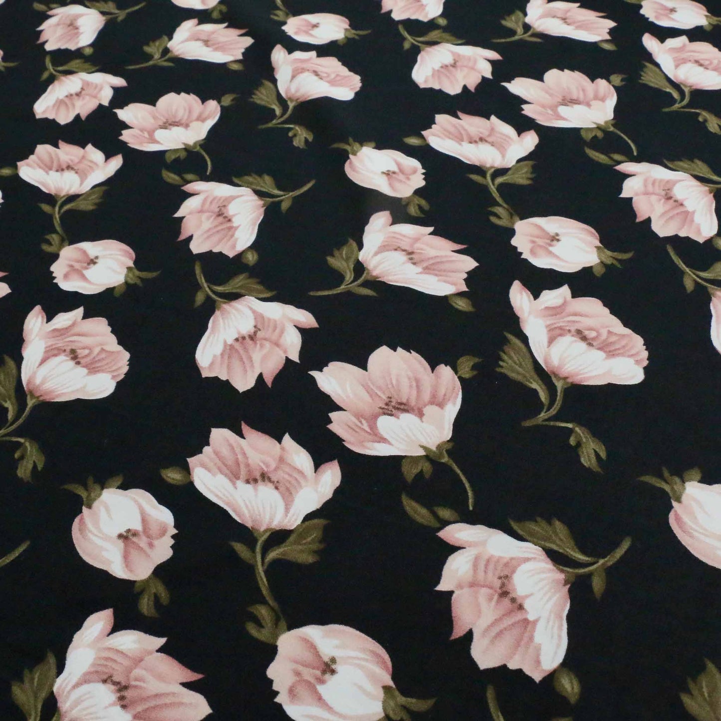 pink floral print on black chiffon polyester stretchy dressmaking fabric