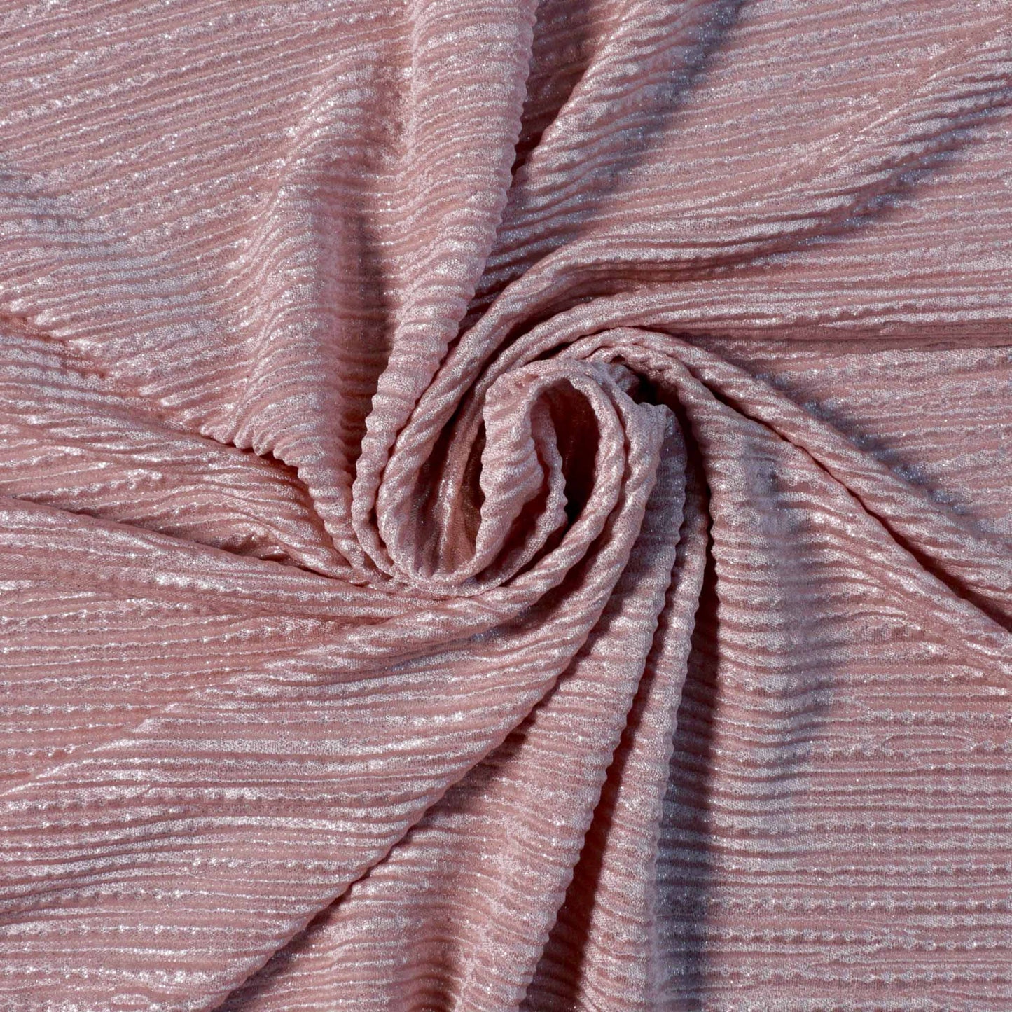 stretchy pleated plisse dressmaking fabric in pink with silver shimmer effect