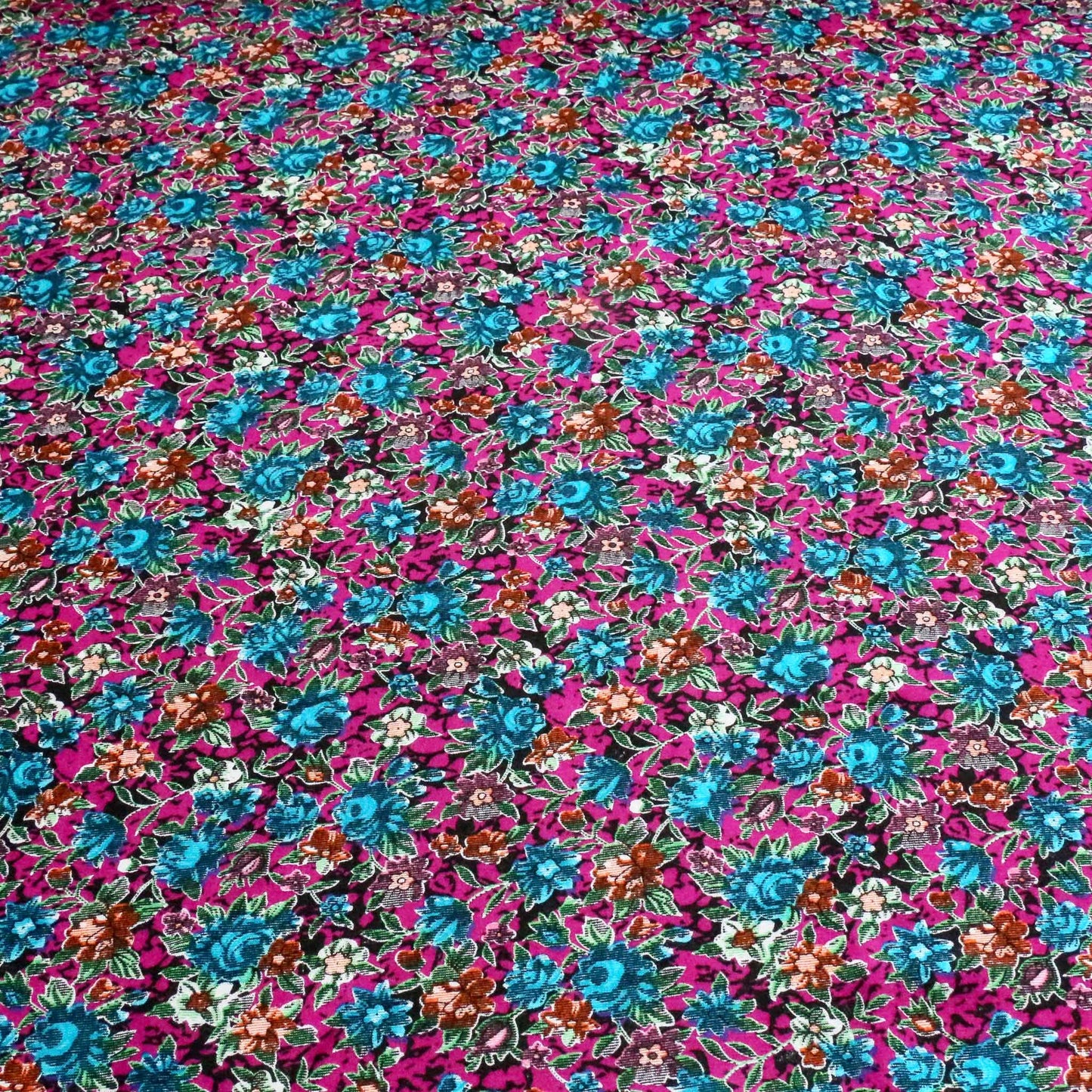 heavy classical flower print in multicoloured purple blue viscose challis dressmaking rayon fabric