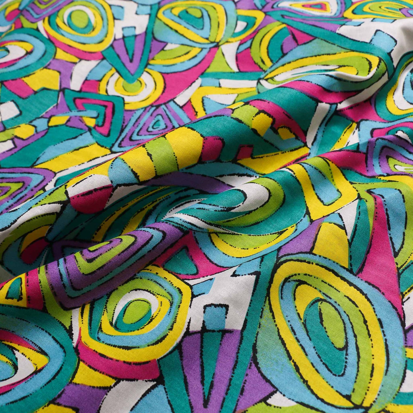 pink purple sustainable retro cotton dressmaking fabric with geometric print