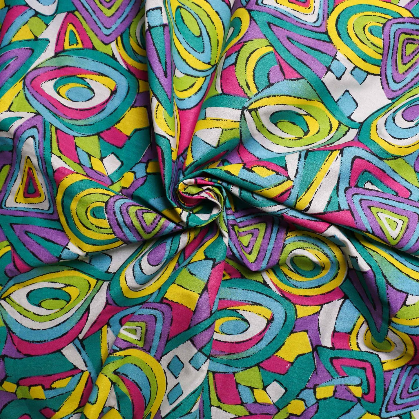 sustainable dressmaking fabric with retro cotton and abstract print in pink purple