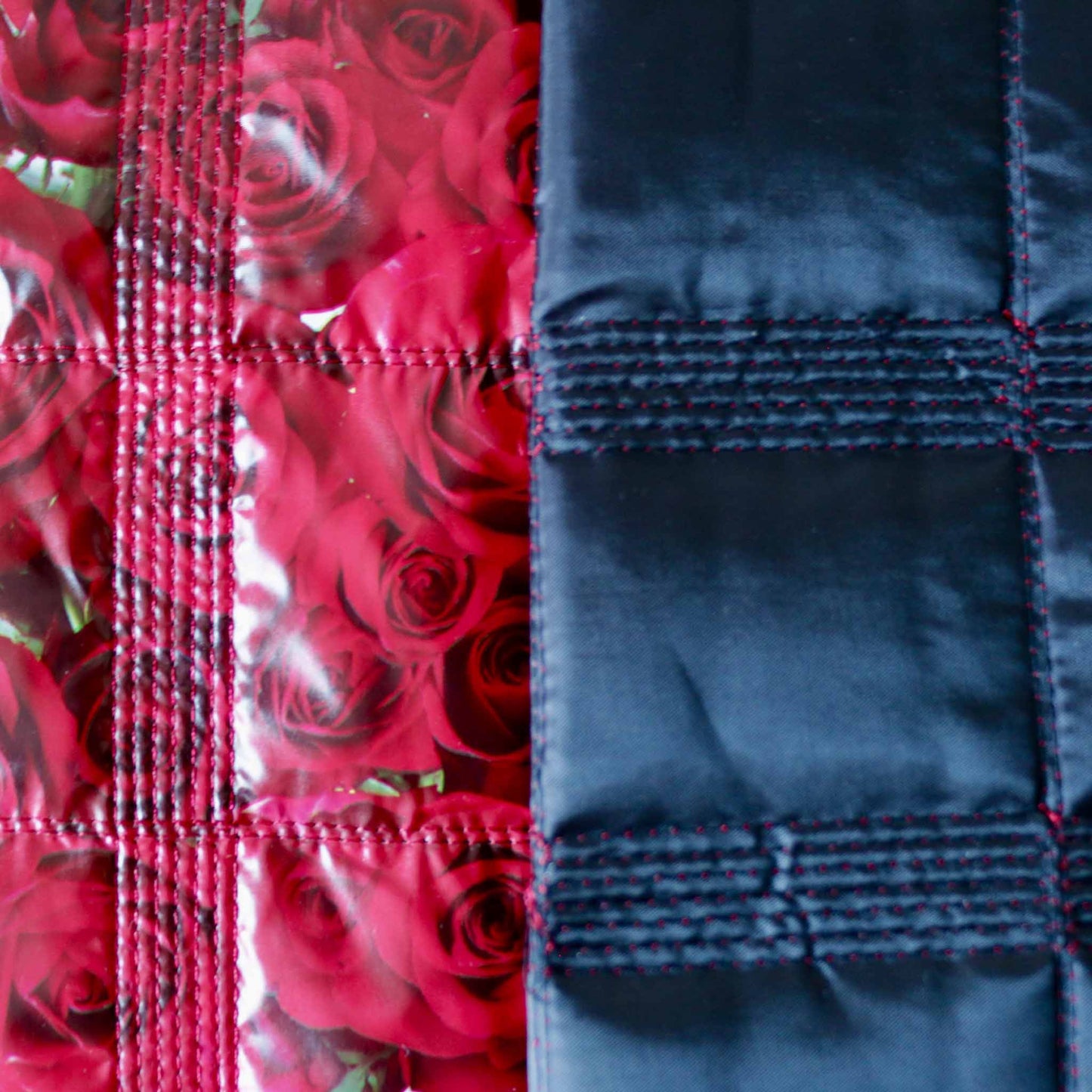 red quilting wadding dressmaking fabric with large rose print design
