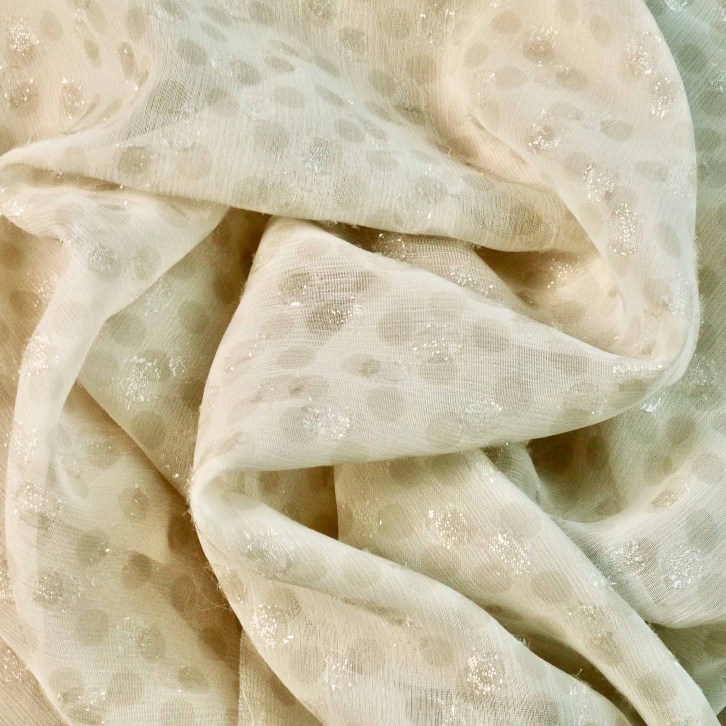 shimmer chiffon flocked polka dot design in cream