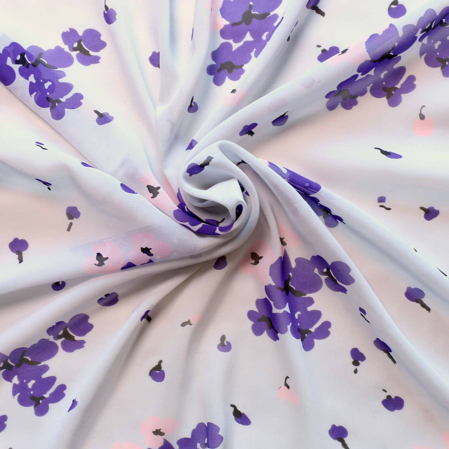 white silky and purple floral chiffon dressmaking fabric