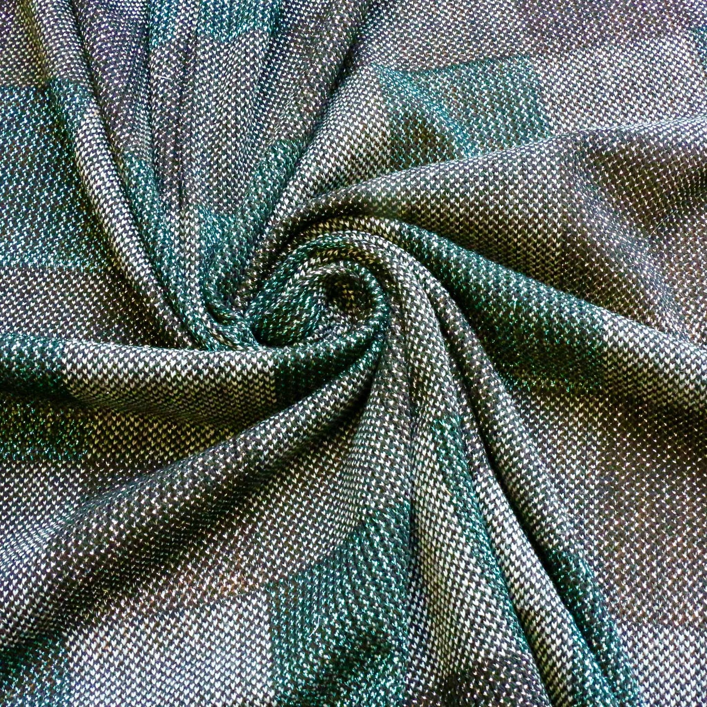 deadstock check jersey knit dressmaking fabric with turquoise and black pattern